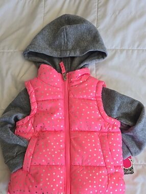 Littke Girls Bright Pink Quilted Vest with Gray Hood 18 M